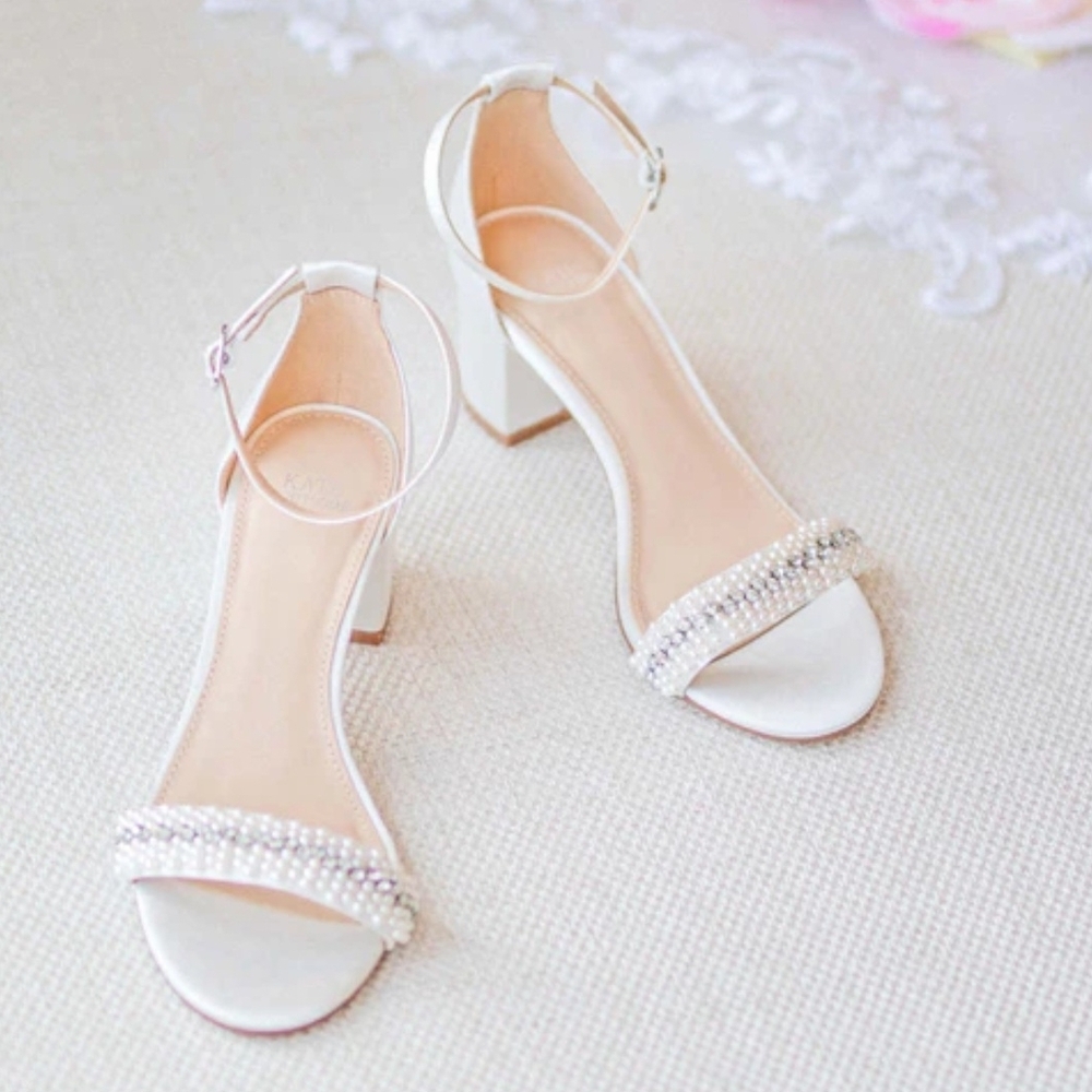 White Pearl-Strap Block Heel Sandals with Ankle Strap
